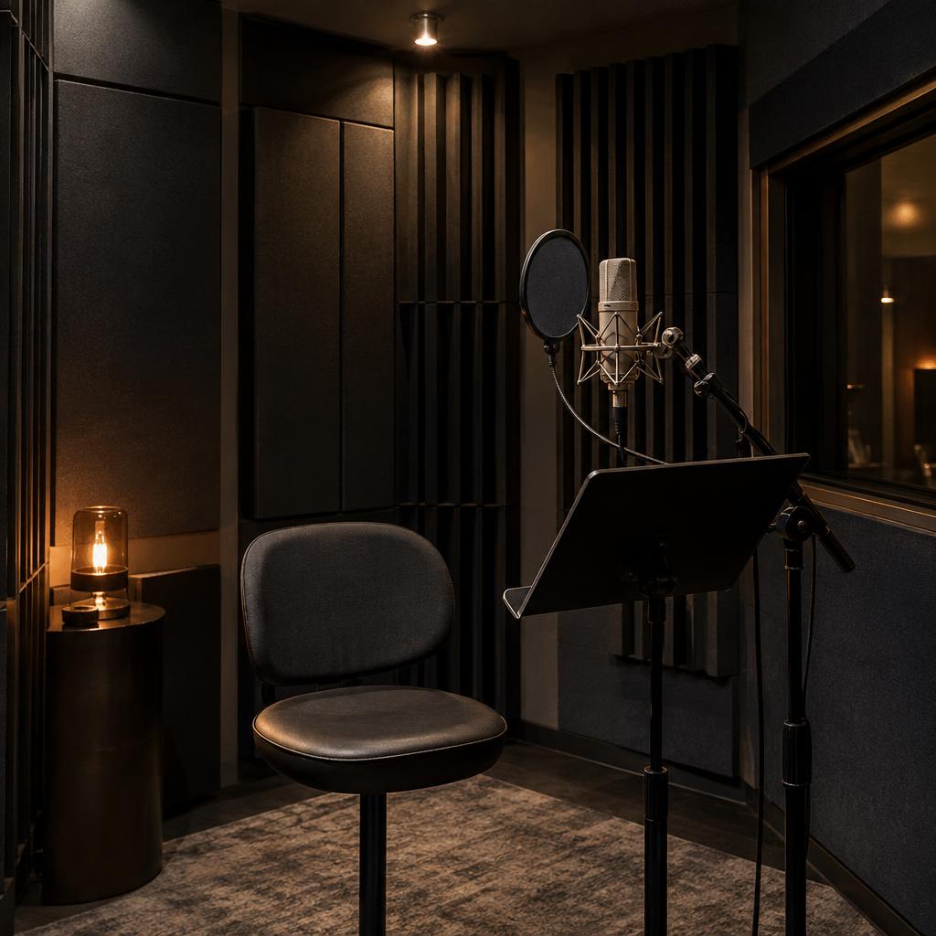 Sound-treated recording booth with microphone and acoustic panels