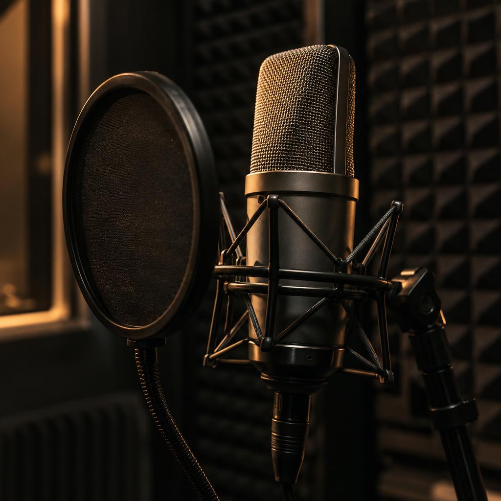 Professional condenser microphone and pop filter in a voice-over booth