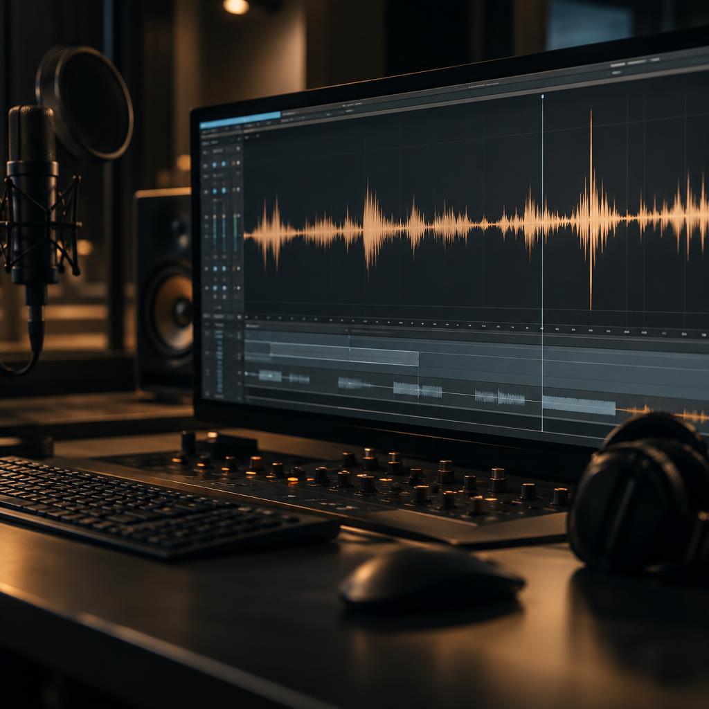 Voice recording waveform displayed in a professional audio studio
