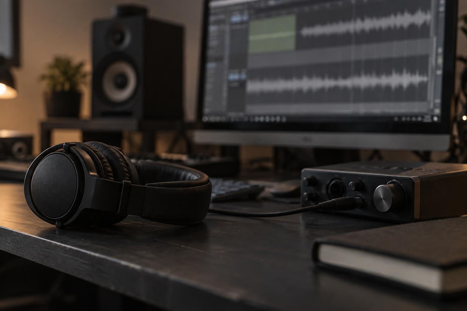 Studio headphones, audio interface, and an editing session on screen