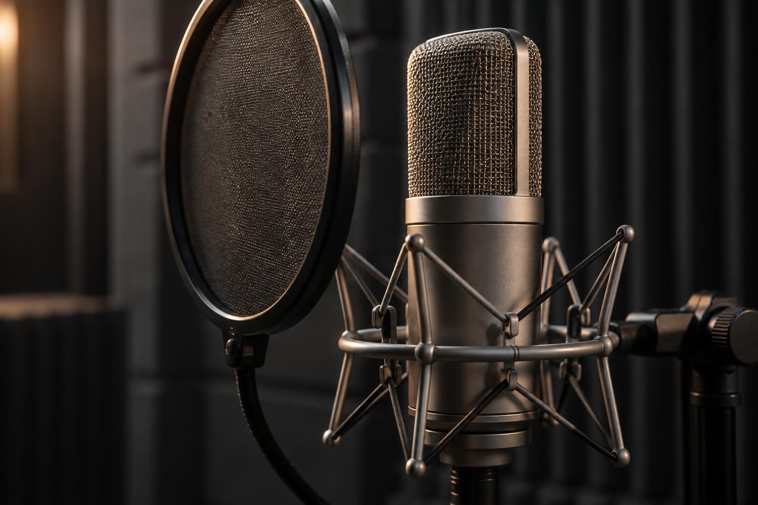 Condenser microphone with pop filter in a treated recording booth